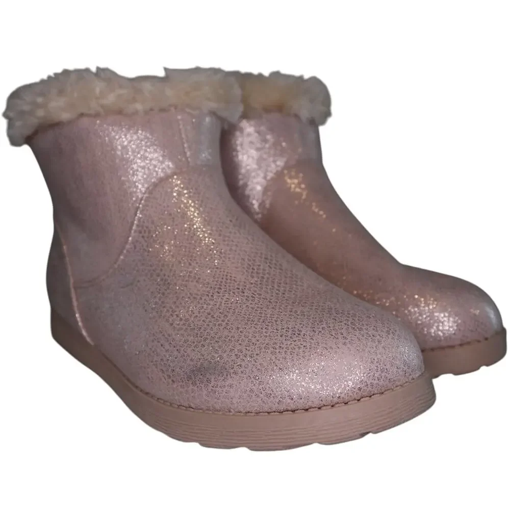 Cat & Jack Girls Pink Glitter Ankle Boots Faux Fur Cuff Winter Warm Kids Shoes 5